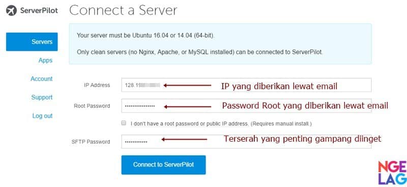 Cara Membuat VPS DigitalOcean Untuk WordPress Menggunakan ServerPilot - Masukan IP Dan Password Root VPS